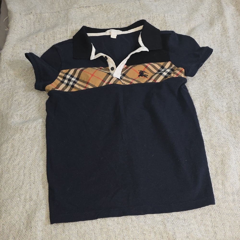 Burberry Navy Polo with Classic Plaid Accent
